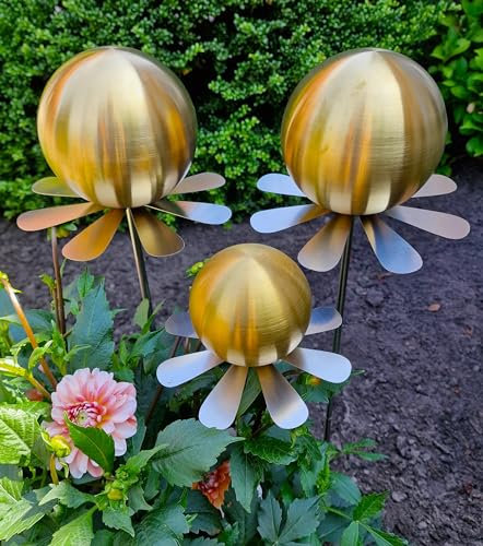 Jürgen Bocker Garten-Ambiente Blütenzauber Rotterdam 3er Set Rosenkugel 15/15/10 cm Edelstahl Gartenstecker Deko mit Stab 80 cm (Gold matt)