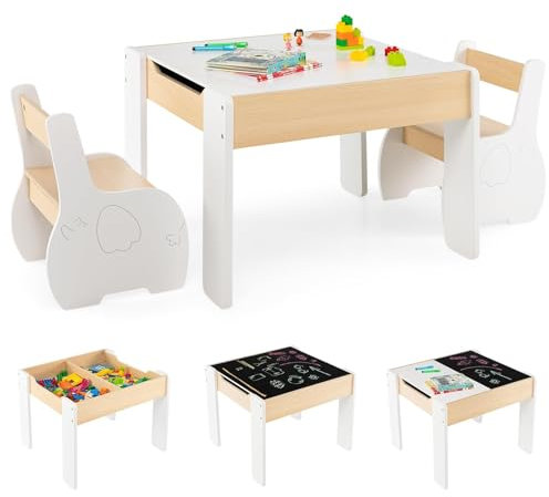 COSTWAY Kindertisch mit 2 Stühlen, 3 teilige Kindersitzgruppe aus Holz mit wendbarer & abnembarer Tischplatte, Kinder Maltisch mit Stauraum, Kindermöbel Sitzgruppe für Kinder ab 3 Jahren (Weiß)