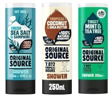 MM Original Source Shower Gel Variety 3 Pack (Sea Salt, Coconut, Mint) 250ml - Vegan, Natural Fragrances, Refreshing & Hydrating - 3x250ml