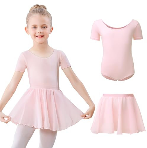 Kefiyis Ballettkleidung Mädchen Kurzarm Ballettkleid Baumwolle Balletttrikot Kinder Ballettanzug Ballettbody mit Chiffon Rock Tütü 3-11Jahre Rosa 120