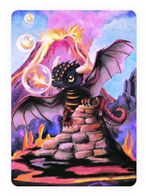 TinyTami Süsser Drache mit Vulkan Postkarte, Feuerspeiender Magmadrache, samtig weiche Oberfläche, A6