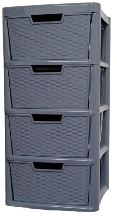 SIDSONS Large Plastic Rattan Style Storage Drawer (Rattan/Grey, 4 Tier)