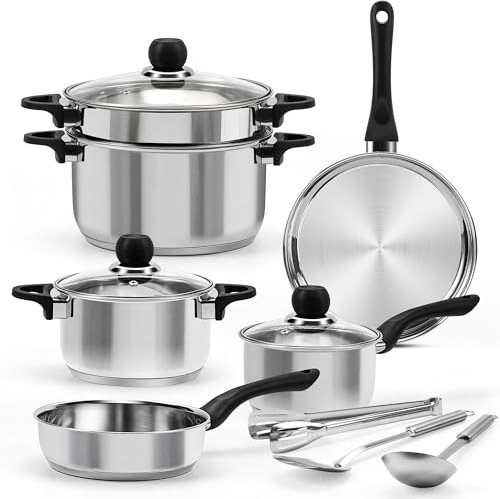 Juego de ollas y sartenes de acero inoxidable de 12 piezas, juego de ollas de inducción con asas que se mantienen frías, juego de ollas con vapor y juego de utensilios, no tóxico, apto para