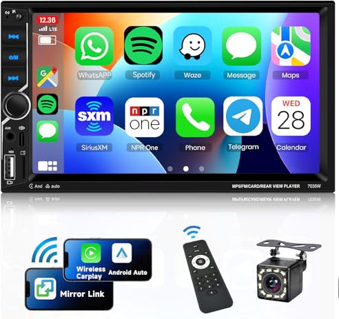 VECHTEL Radio de Coche 2 DIN con CarPlay Android Auto Inalambrico, 7 Pulgadas HD Pantalla Táctil Radio Coche Bluetooth 5.1, Radio FM Type-C/USB/TF/AUX Mirror Link SWC Cámara Trasera Control Remoto