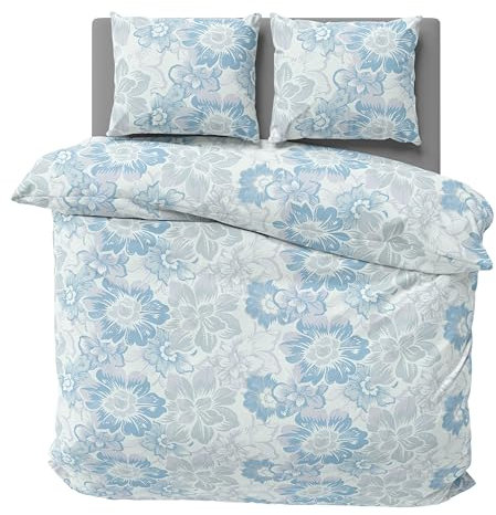one-home Biber Bettwäsche Winter kuschelig Warme Weiche Baumwolle (Blumen Petrol blau, 240x220 cm)