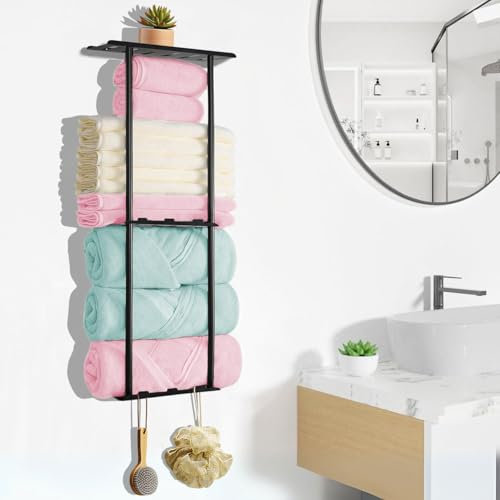 devesanter Handtuchhalter Ohne Bohren 3 Schichten Mit Ablage Wandmontage Handtuchhalter mit 6 6 Haken für Badezimmer Badetuch Aufbewahrung für gerollte Handtücher(schwarz)