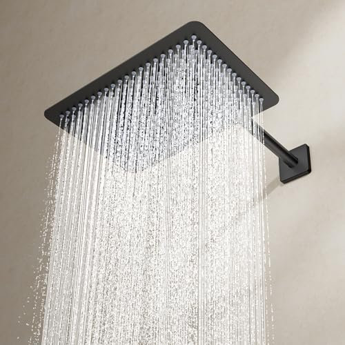 KES Black Rainfall Shower Head 12 Inch Rectangular Fixed Showerhead Replacement, High-Pressure Rainfall Shower Head Adjustable, Ceiling or Wall Mount 18/8 Stainless Steel, J215S12F25-BK