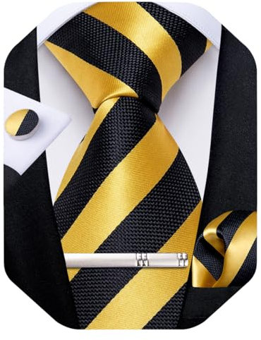 DiBanGu Mens Tie Silk Plaid Striped Necktie and Pocket Square Cufflinks Tie Clip Set with Gift Box Formal Wedding Party, Black and Yellow, One Size