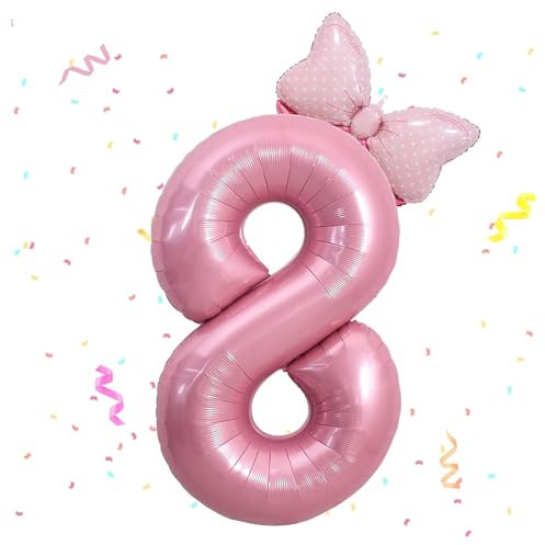 Zahlen Luftballon 8. Geburtstag, 40 Zoll Schleife Folienballon Zahl 8, Zahlenballon 8 Helium Ballon Rosa,Luftballon 8 Geburtstag Deko für 8 Jahre Mädchen Geburtstagsdeko,Babyparty,Jubiläum Party Deko
