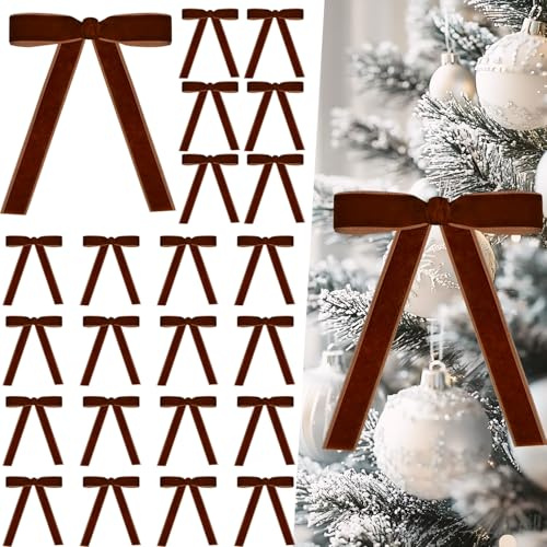 Miaikoe 24 Stück Samt Bügen für Weihnachtsbaum Rustikale Samt Weihnachtsornamente Rustikale Bügen für Tür Girande Kranz Geschenk Party Dekoration (Breite von 2,5 cm, Braun)