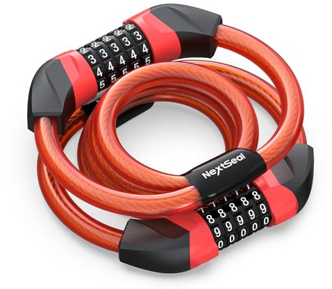 NextSeal Antivol Trotinette Electrique, 105CM/12MM Antivol Vélo à Double Câble, 5-Chiffres Cadenas Code Velo, Antivol, Cadenas Velo Electrique pour Trotinette, Vélos, Moto (Rouge)