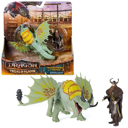 Dreamworks Dragons Rumblehorn & Stoick Action Figures Viking Rider Duo | 13-Inch Rumblehorn Dragon Toy, 3-Inch Stoick Viking Action Figure, Real Feel Wings, Pretend Play Gifts for Kids Ages 4+