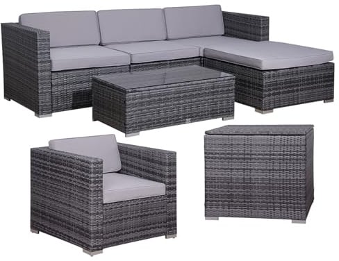 SVITA California XL Garten-Lounge Sessel Kissenbox Polyrattan Gartenset Balkon-Set Rattan-Lounge Grau
