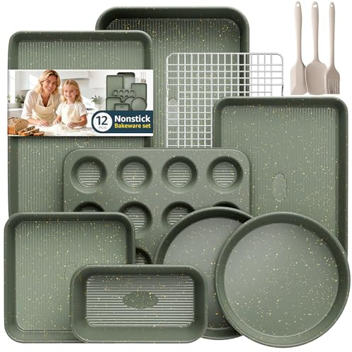 12-Piece Nonstick Baking Set, Non-Toxic Bakeware Set - Ceramic Coated Green | With Baking Sheet, Cake Pan, Square Pan, Loaf Pan, Roasting Pan, Muffin Pan, Cookie Sheet, Cooling Rack & Kitchen Utensilss