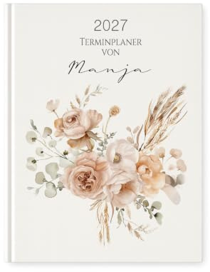 Personalisierter Terminplaner 2026 Din A5 | Hardcover Buchkalender mit Name | Florales Design, Wochen- & Jahresübersicht, Geschenkidee – Manufaktur Liebevoll (Terminplaner Manja)