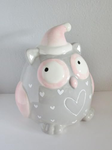 Generisch Eule grau - rosa aus Keramik Wintereule 13cm hoch Winterdeko Weihnachtsdeko Dekoration Eulen (Farbe wählbar) (Grau)