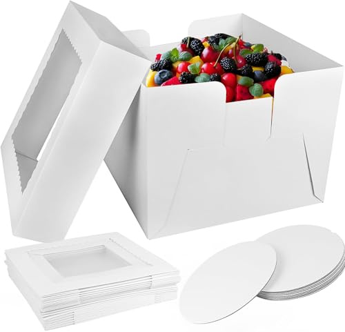 KUOGAS Cajas para Tartas (30.5x 30.5 x 20.5 cm), 10 uds caja para tartas con ventana, cake box con plato, Caja de transporte para tarta y repostería