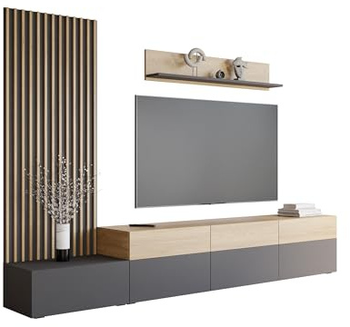 Mirjan24 Wohnwand Narezi, Elegantes Wohnzimmer-Set mit dekorativen Lamellen, Anbauwand mit Wandpaneele, TV-Lowboard, und Wandregal, Fernsehschrank (Graphit/Eiche Cremona, Breite: 300 cm)