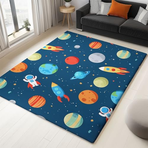 Generisch Kids Teppich Cartoon Weltraum 80 X 150 cm - Waschbarer Teppich Planeten Astronauten Für Küche Flur Esszimmer Schlafzimmer, Weicher Flor Pflegeleicht Farbecht Dunkelblau
