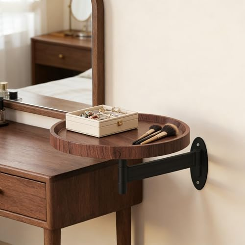 WanKaMom Folding Wall Table & Floating Desk - Round Wall Mounted Folding Table with Retractable Shelf, Small Wood Fold Down Desk for Bedroom, Living Room, Study Multi Functional(Black Walnut)