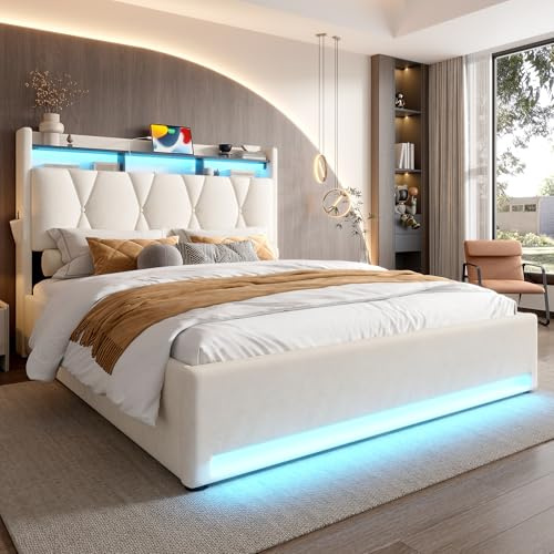 SURUEO 5ft King Size Upholstered Bed Frame with LED Lighting, Hydraulic Storage Bed Frame, USB Type-C Charging & Headboard Shelves, Platform Bed without Mattress, 150 x 200 cm, Beige