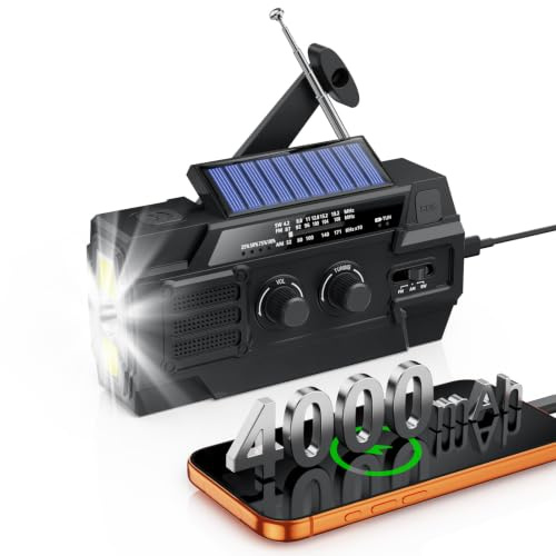 Kurbelradio 4000mAh Notfallradio mit Kurbel Solar und Powerbank mit AM/FM | Notfall Radio Weltempfänger, SOS-Alarm, LED Taschenlampe & Leselicht, USB-Ladegerät, Survival Ausrüstung für Wandern, Camping