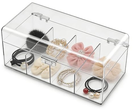 Klarer Stapelbare Aufbewahrungsbox Organizer Schminktisch Haargummi Aufbewahrung Haargummis und Spangen Haarschmuck Organizer mit 4 Fächern Schminktisch Zubehör für Schreibtisch Bad Frisiertisch usw