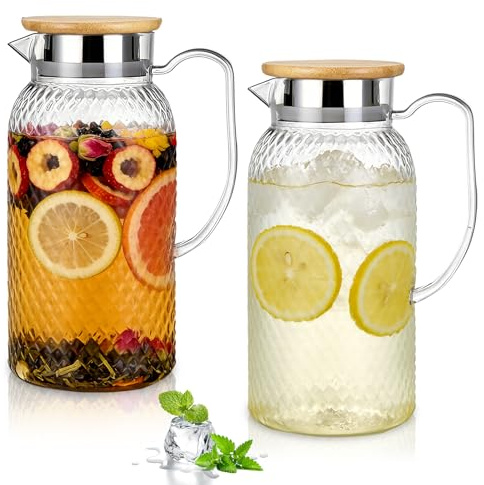 2 Stück Acryl Krug, 1800ml Wasserkrug Pitcher, Acryl Transparenter Karaffe Krug, Kunststoff-Krug mit Deckel, Wasserkrug für Kühlschrank mit Griff für DIY Getränke, Saft, Tee