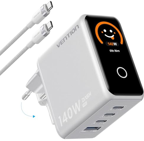 VENTION Cargador USB C 140W, Cargador GAN 5.0 de 4 Puertos con Pantalla TFT, Adaptador USB C de Viaje Rápido, Compatible con iPhone 15/16/17, MacBook Pro/Air, Argento Titanio