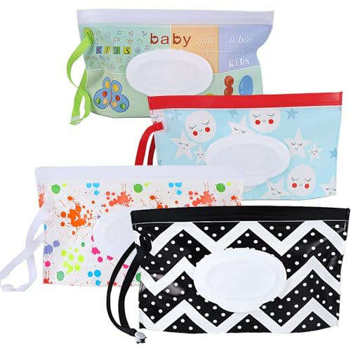 Teouuas 4 Stück Feuchttücher Tasche, Feuchttücher Tasche für Unterwegs, für Babys, Wiederverwendbar, für Unterwegs, Zuhause, Büro (Stil 1)