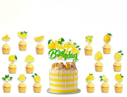 Tourima Zitronen Deko Geburtstag Cupcake Topper Set, Happy Birthday Zitrone Tortendeko Geburtstag, Sommerfrucht Torten Deko Zitronen, Muffin Deko Aperol Dekor Sommerparty Gartenparty Dek Cupcake-Picks