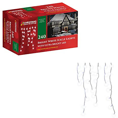 Christmas Workshop 77720 240 Icicle LED Outdoor Christmas Lights | 5.6 Metres | Warm White Colour | Indoor & Outdoor Fairy Lights | Weddings & Gardens | 8 Functions | Mains Powered