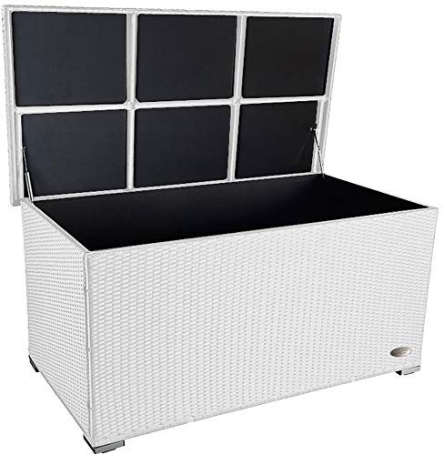 RS Trade® exclusive 'Venezia' 950 L Polyrattan Garten Kissenbox wetterfest (wasserdicht) 146 x 83 x 80 cm, Auflagenbox mit verstärktem Deckel und Gasdruckfedern, auch als Tischplatte geeignet, Weiss