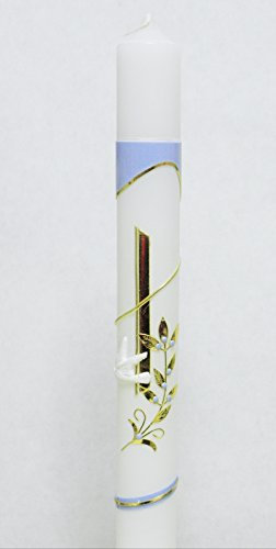 Taufkerze Kommunionkerze KW-JO-C106 Gold/Blau inkl. Tropfschutz und Beschriftung