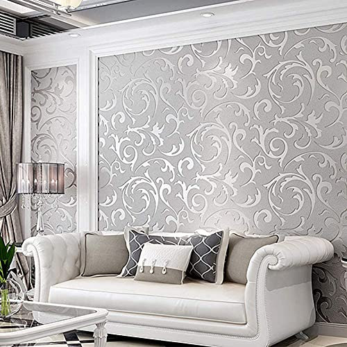 GOTOTOP 3D Optik Vliestapete Ornament Barocktapeten Vlies Wandtapete Wand Tapete, Wasserdichte geprägte Tapetenrolle Vintage-Tapete Glitzereffekt Blattmuster(Silber taupe)