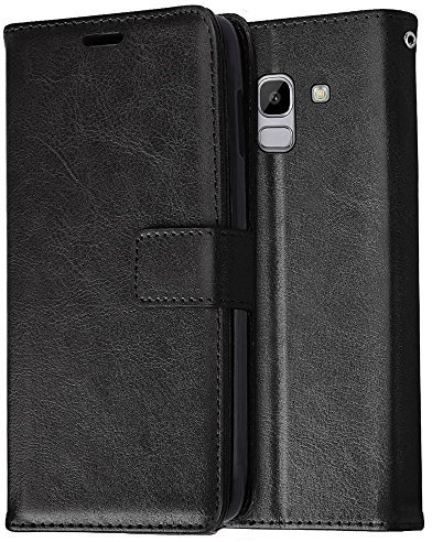 TECHGEAR Galaxy J6 2018 Case - Leather Wallet Flip Protective Case Cover with Card Slots, Kickstand and Wrist Strap - Black PU Leather Compatible with Samsung Galaxy J6 2018