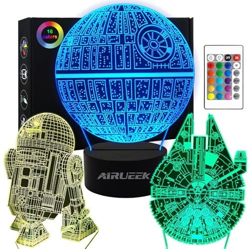 AIRUEEK Star Wars Lampada 3D Luce Notturna Bambini LED Illusione Ottica Lampade-16 colori dimmerabili & 3 modelli & 1 base & 1 telecomando-Regali di StarWars per Uomo Ragazzo Bambini