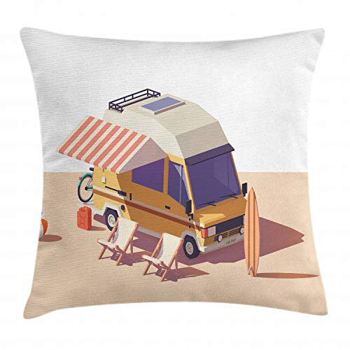 ABAKUHAUS RV Kissenbezug, Camper Van Stühle und Surfbrett, Kissenhülle mit Reißverschluss Waschbar Farbfest Beidseitiger Druck, 40 x 40 cm, Beige Braun