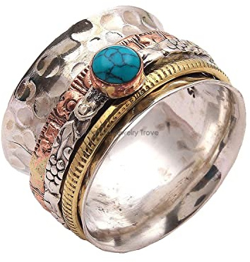 Angst Ring für Meditation, 925 Sterling Silber Ring für Frauen, Daumenring, Spinner Ring aus Messing und Kupfer für Frauen, Geschenkring für, Sorgenring, Chunky Ring (Türkis, Größe 7)