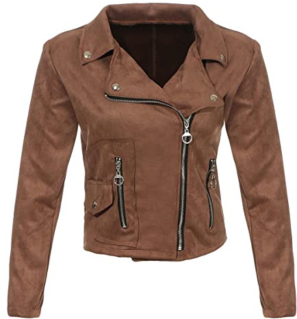 malito Damen Jacke | Velours Jacke | Biker Jacke mit Reißverschluss | Faux Leather - leichte Jacke 19617 (braun, L)