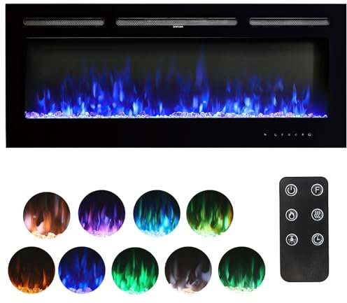 FIDOOVIVIA Electric Fireplace, 60Electrical Fire Recessed and Wall Mounted, Media Wall Fireplace with 9 Flame Colour Effect & Remote Control, 2 Heat 900W & 1800W, Overheat Protection, Log Set&Crystal