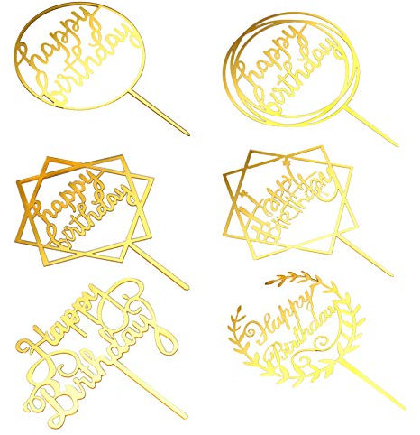 Cake Topper Happy Birthday,6 Stück Geburtstag Kuchen Topper Tortendeko Acryl Cake Topper Cupcake, Kuchen Dekoration Glitter Dekoration, Kinder Party Supplies(Gold)
