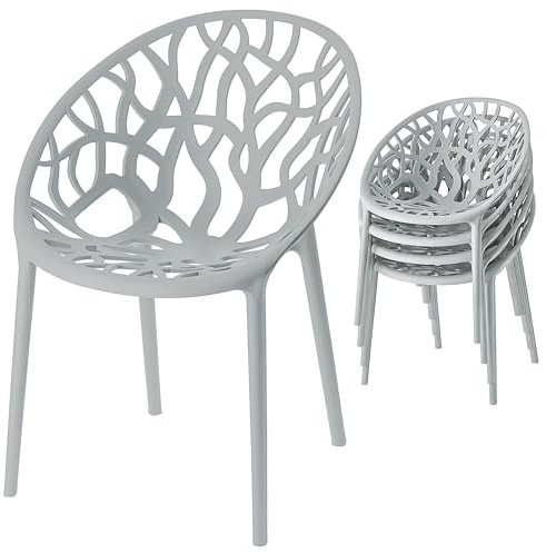 Cepewa Stuhl Design Forest 4er Set Waldmotiv Baummotiv stapelbar Gartenstuhl aus Kunststoff (1 x 4er Set Stuhl Forest grau)
