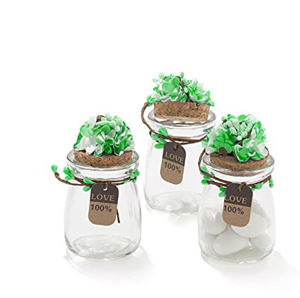 20 Pezzi Barattolo Vetro Con Tappo In Sughero Porta confetti Bomboniera Incluso Decorazione Fatto A Mano Fiore pistilli Etichetta Tema Naturale (VERDE)
