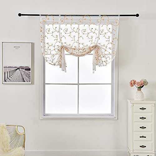 SMITHOOM 1 Stück Raffrollo Voile Exquisit Rattan Stickerei Transparente Vorhänge Tulle Gardinen für Küche Badezimmer Balkon Braun 100x120cm