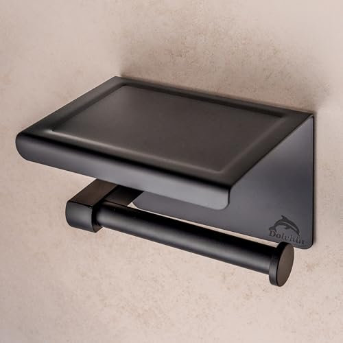 Dolvhin® Toilettenpapierhalter ohne Bohren schwarz | Premium Klopapierhalter zum Kleben | Edelstahl Klorollenhalter mit Ablage & Einkerbung | WC Rollenhalter Selbstklebend ohne Bohrlöcher (Schwarz)