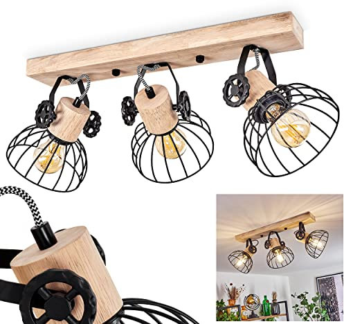 Deckenleuchte Orny, Deckenlampe im Vintage-Design aus Holz/Metall in Natur/Schwarz m. Schirmen in Gitter-Optik, Leuchte m. Holzbalken, Textilkabeln u. verstellbaren Strahlern, E27, ohne Leuchtmittel