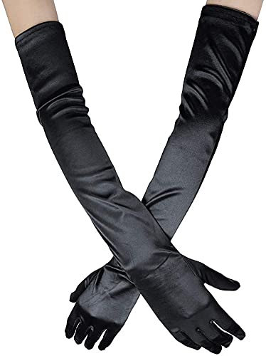 Ancokig Damen Lange Handschuhe Satin Classic Opera Fest Party Hochzeit Braut Handschuhe 1920er Stil Handschuhe Elastisch Erwachsene Größe bis Handgelenk Länge (52 CM-Schwarz)