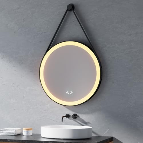 Heilmetz Espejo de baño led, diámetro 60 cm, Espejo Redondo con Cuerda, Espejo de baño Redondo Espejo de Pared con Interruptor táctil, Regulable, Tres Colores