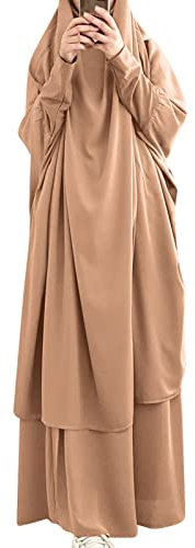 IWEMEK Abaya Muslim Damen Muslimische Kleider Gebetskleidung Frauen Jilbab Khimar Kaftan Kleid Voller Länge Hijab + Rock 2 Teilig Set Islamischer Afghanische Dubai Türkei Ramadan Khaki Einheitsgröße